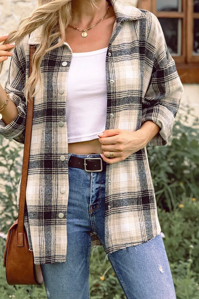 Plaid Front Open Button Raw Trim Autumn Outfits Jackets