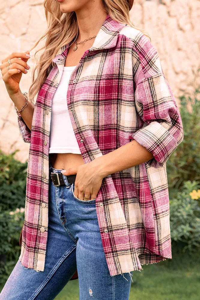 Plaid Front Open Button Raw Trim Autumn Outfits Jackets