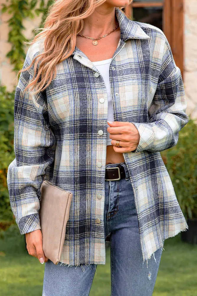 Plaid Front Open Button Raw Trim Autumn Outfits Jackets