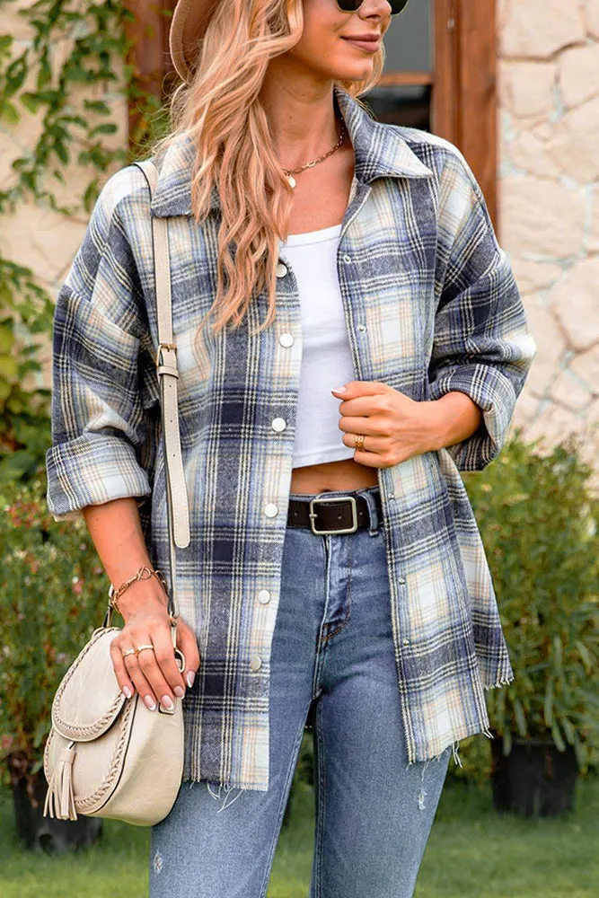 Plaid Front Open Button Raw Trim Autumn Outfits Jackets