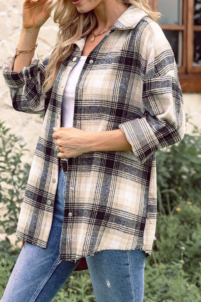 Plaid Front Open Button Raw Trim Autumn Outfits Jackets