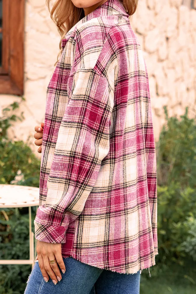 Plaid Front Open Button Raw Trim Autumn Outfits Jackets