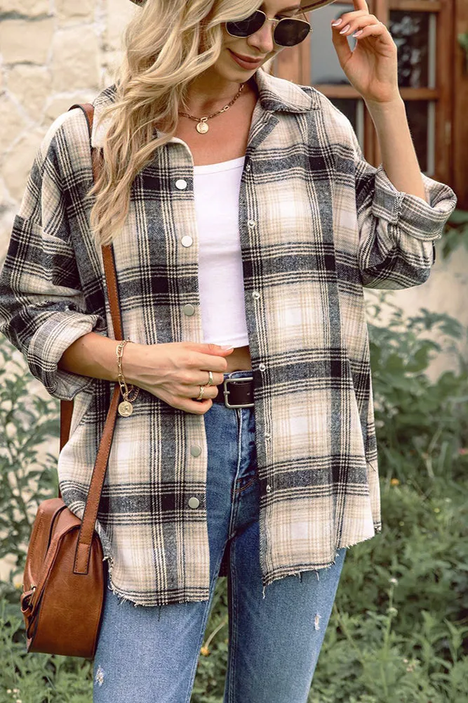 Plaid Front Open Button Raw Trim Autumn Outfits Jackets