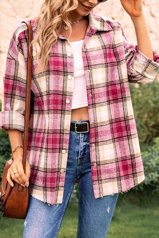 Plaid Front Open Button Raw Trim Autumn Outfits Jackets