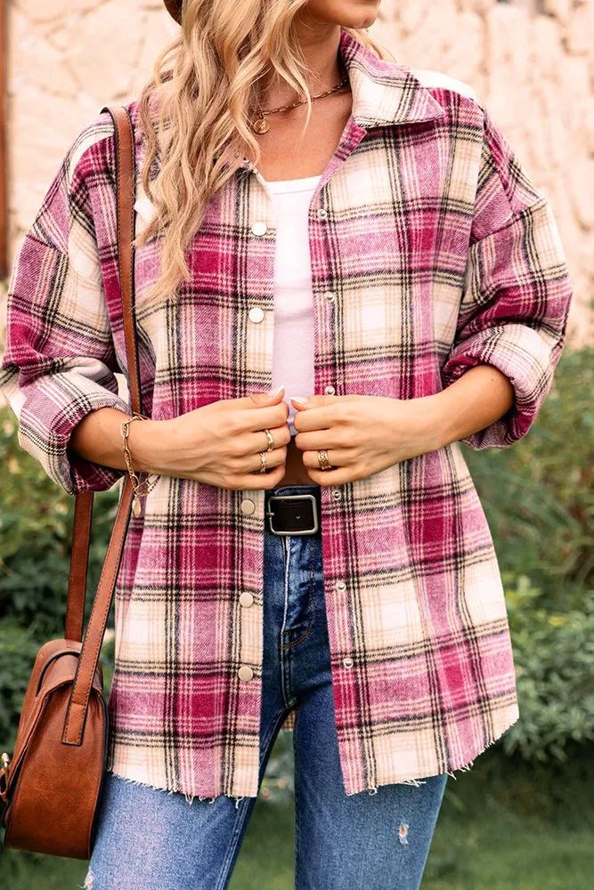 Plaid Front Open Button Raw Trim Autumn Outfits Jackets