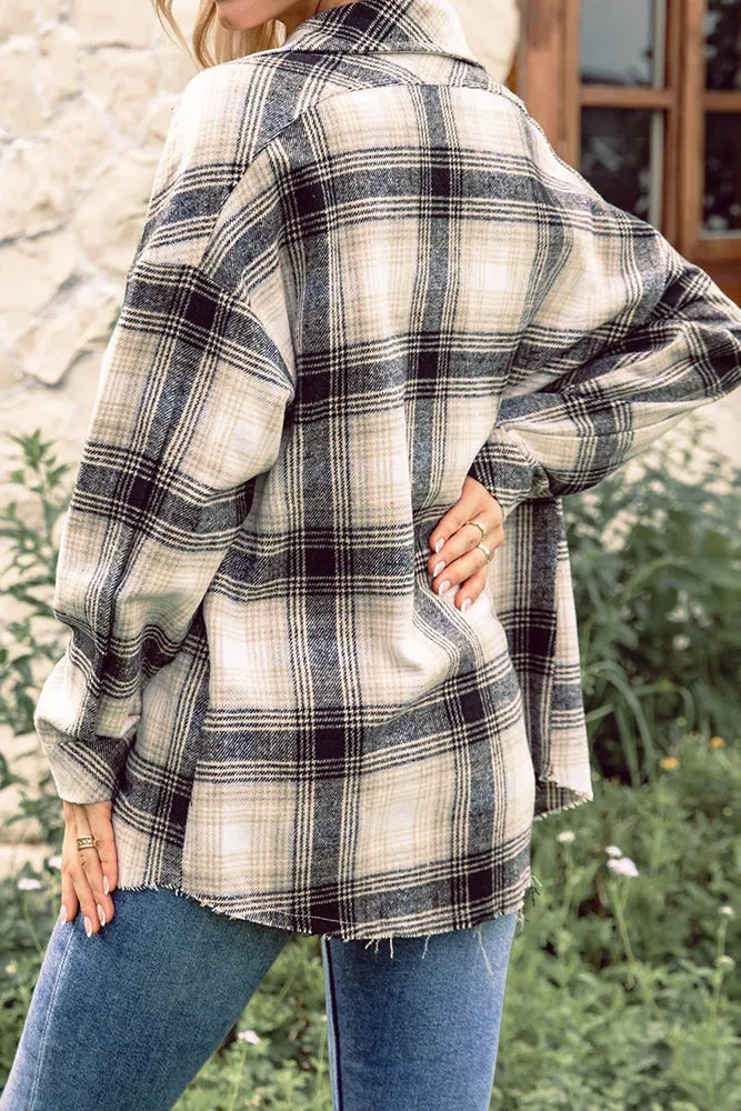 Plaid Front Open Button Raw Trim Autumn Outfits Jackets