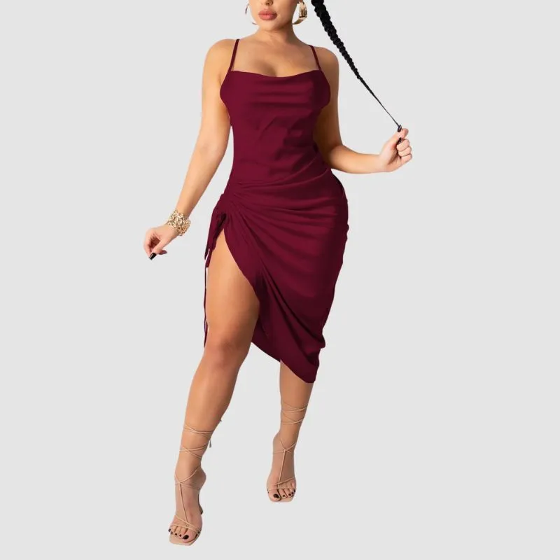 Pleated Drawstring Spaghetti Strap Dress