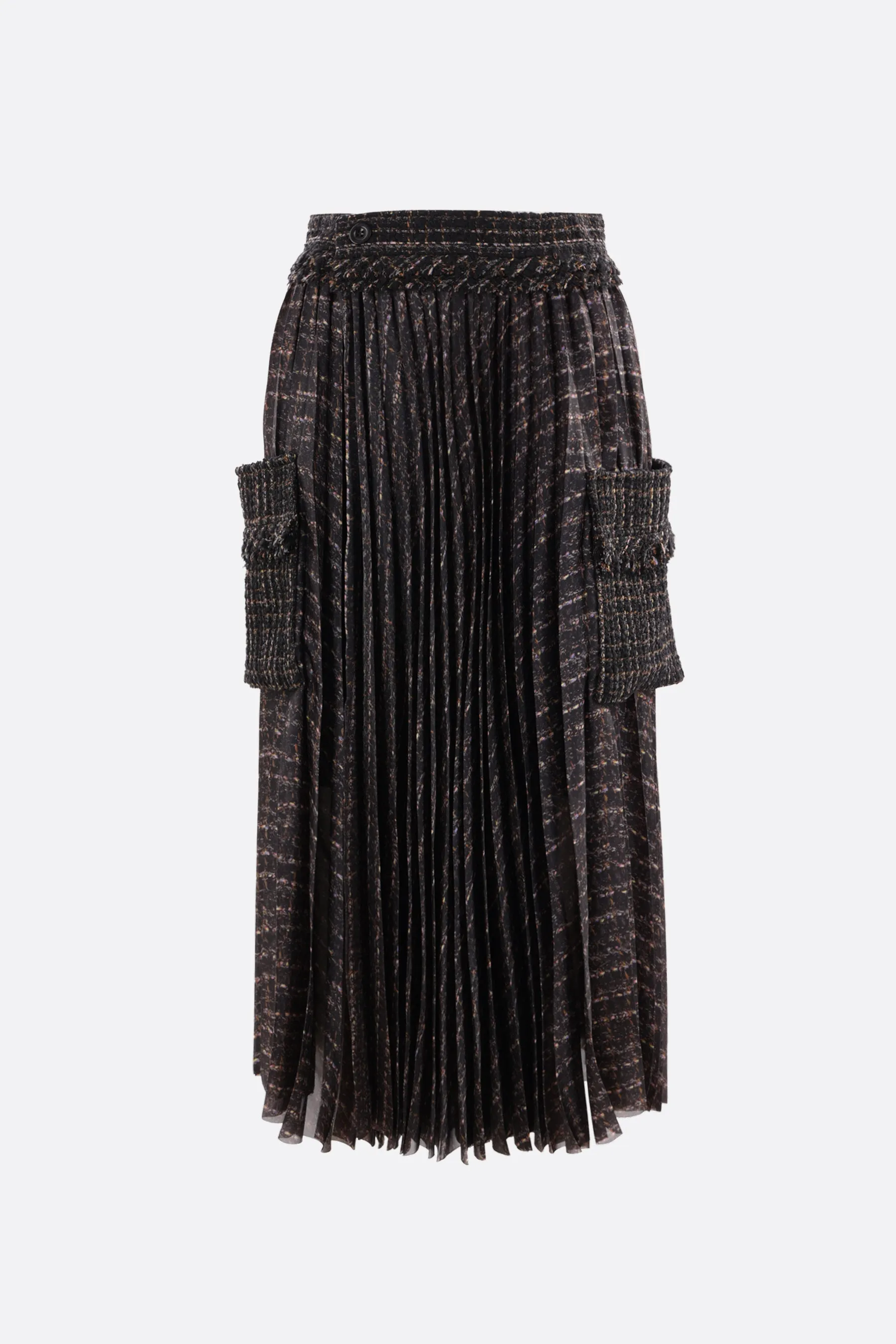 pleated satin and tweed wrap skirt