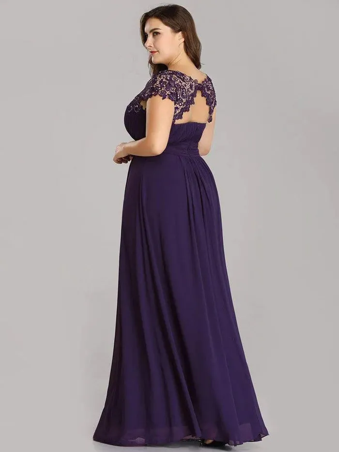 Plus Size Elegant Maxi Long Lace Cap Sleeve Bridesmaid Dress