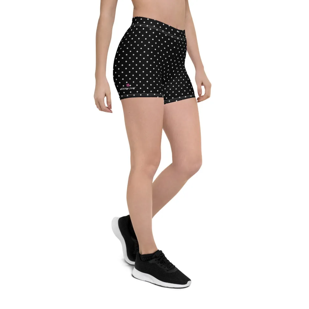 Polka Dot Black White Shorts, Premium Short Dotted Gym Tights For Women-Made in USA/EU