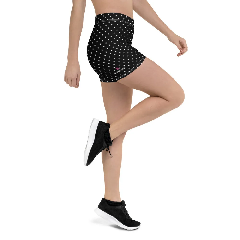 Polka Dot Black White Shorts, Premium Short Dotted Gym Tights For Women-Made in USA/EU