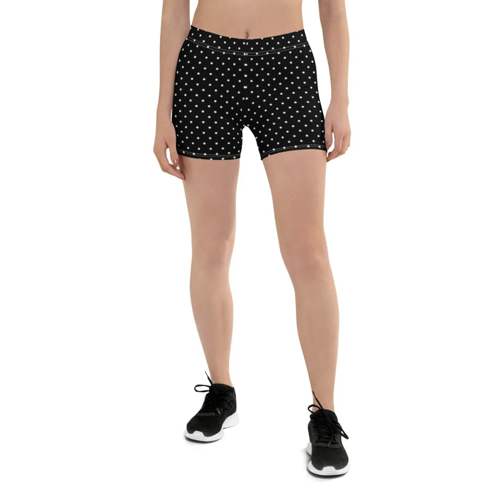 Polka Dot Black White Shorts, Premium Short Dotted Gym Tights For Women-Made in USA/EU