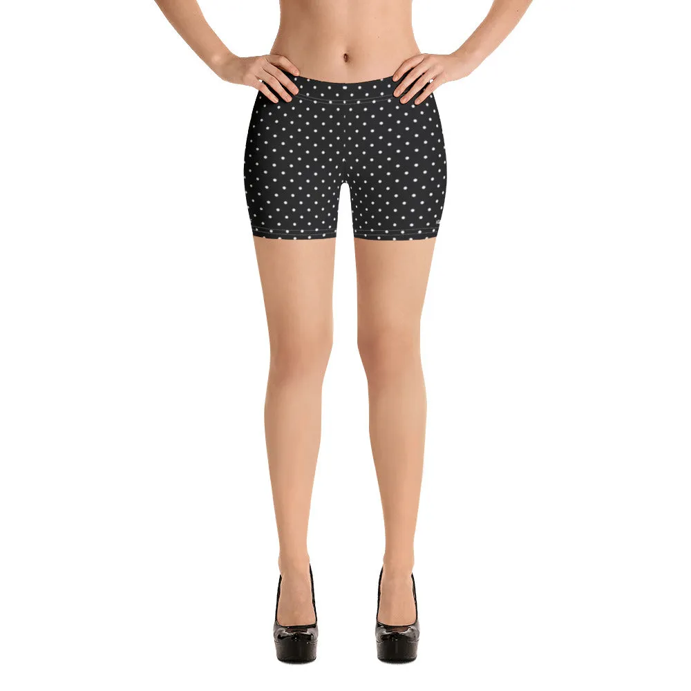 Polka Dot Black White Shorts, Premium Short Dotted Gym Tights For Women-Made in USA/EU