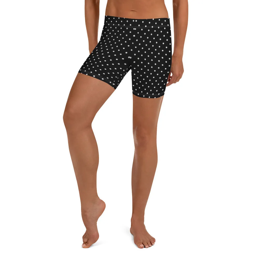 Polka Dot Black White Shorts, Premium Short Dotted Gym Tights For Women-Made in USA/EU