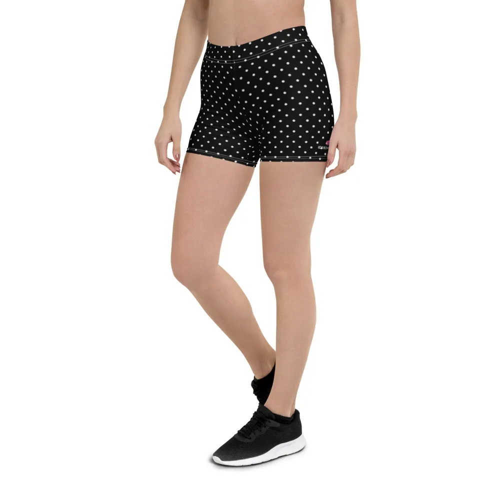 Polka Dot Black White Shorts, Premium Short Dotted Gym Tights For Women-Made in USA/EU