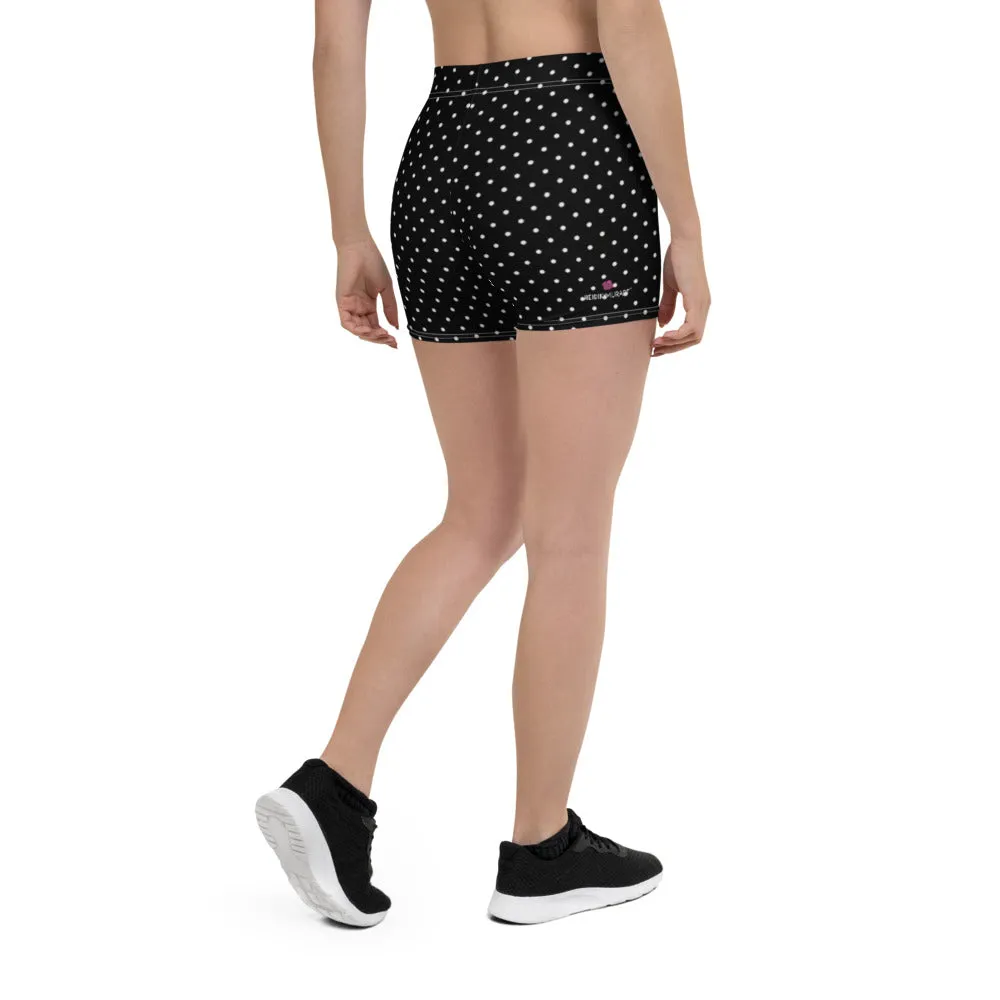 Polka Dot Black White Shorts, Premium Short Dotted Gym Tights For Women-Made in USA/EU