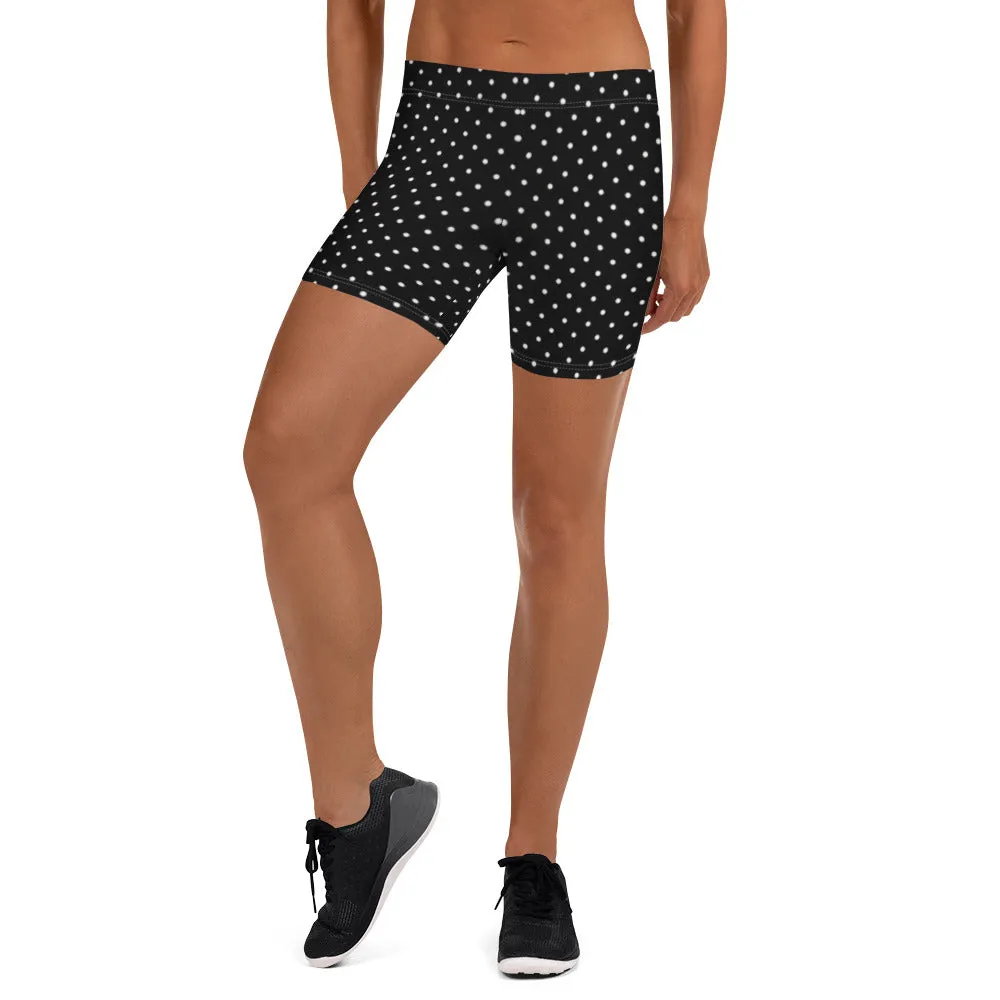 Polka Dot Black White Shorts, Premium Short Dotted Gym Tights For Women-Made in USA/EU