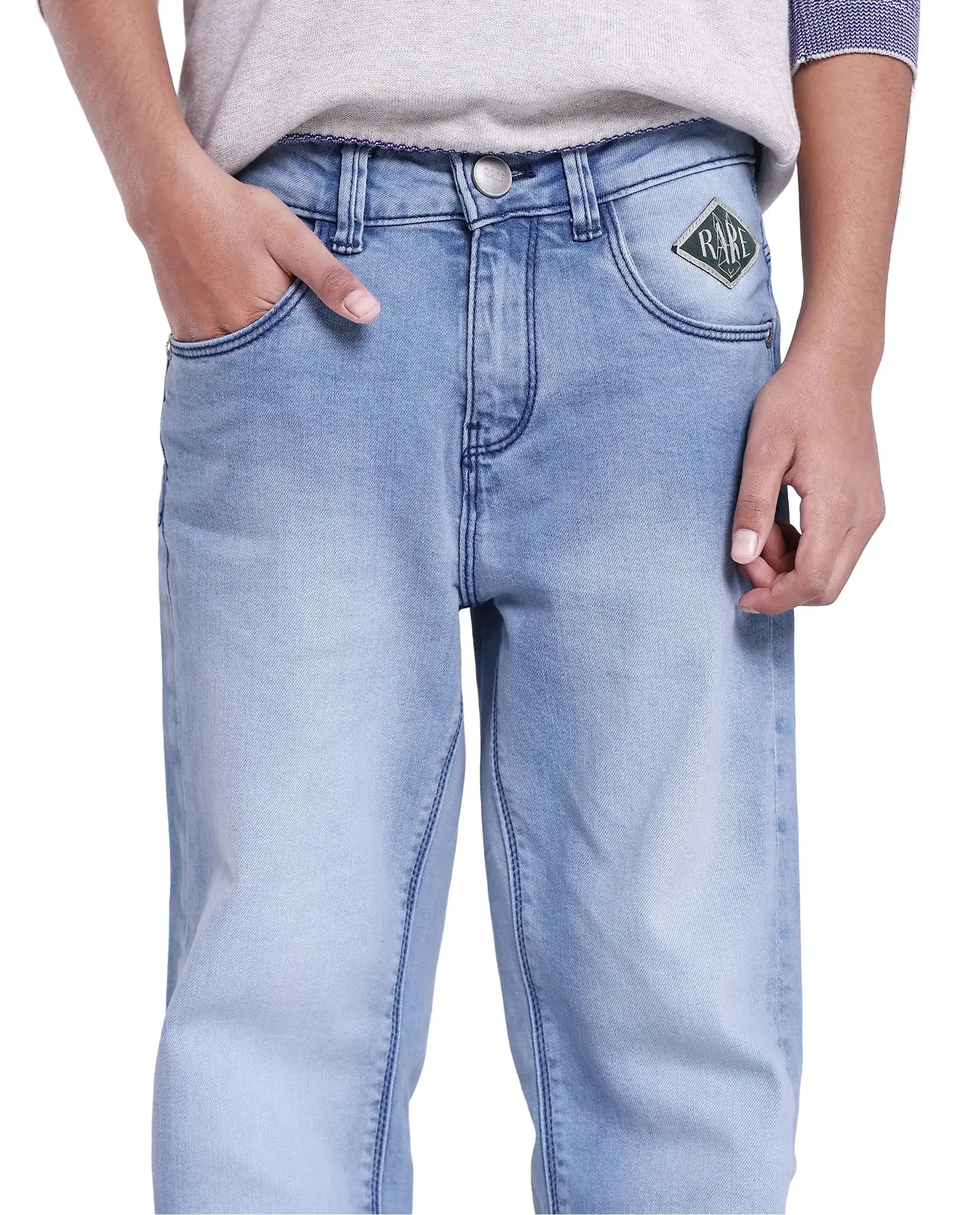 Rare Ones Kids Yosh Light Blue Cotton Relax Fit Solid Denim Pant