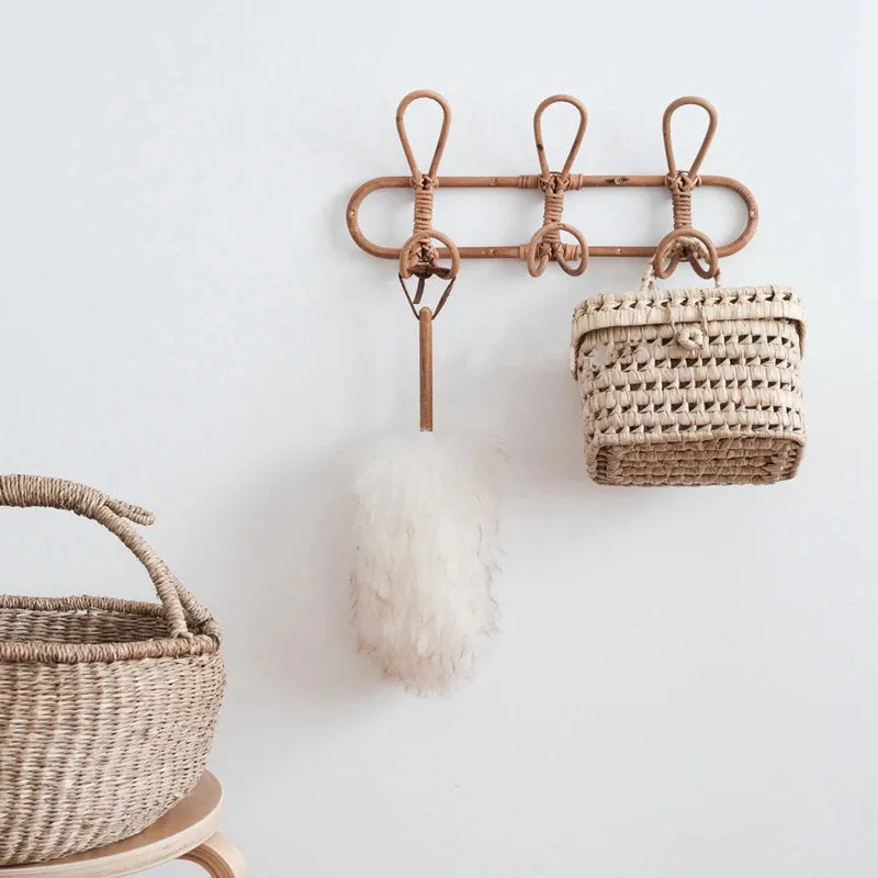 Rattan Hanging Wall Hooks Shelf - Boho Hat Kids Clothes Entryway Organizer - Coat Rack Bathroom Towel Hanger Bedroom - Kids Room Home Decor