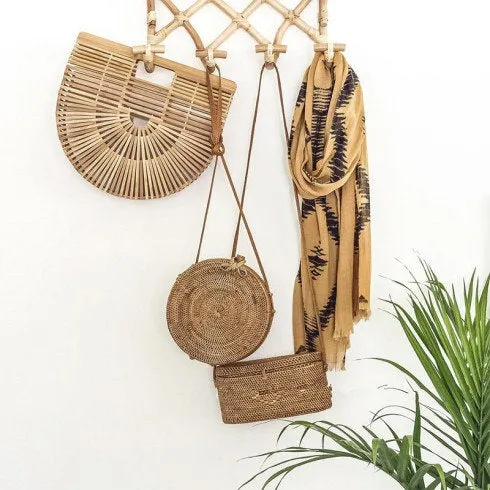 Rattan Hanging Wall Hooks Shelf -  Coat Rack Bathroom Towel Hanger Bedroom - Boho Hat Kids Clothes Entryway Organiser - Kids Room Home Decor