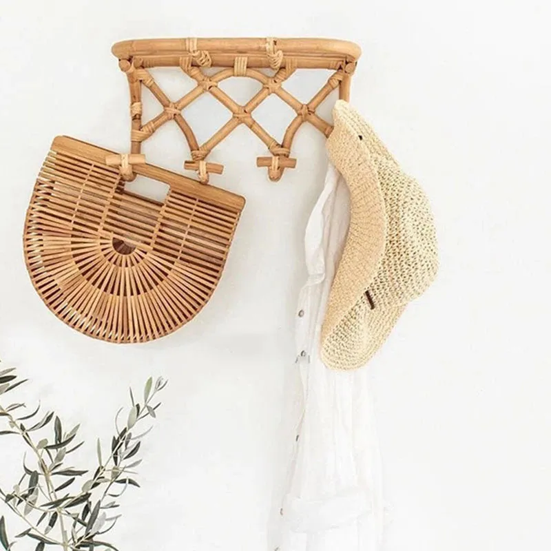 Rattan Hanging Wall Hooks Shelf -  Coat Rack Bathroom Towel Hanger Bedroom - Boho Hat Kids Clothes Entryway Organiser - Kids Room Home Decor