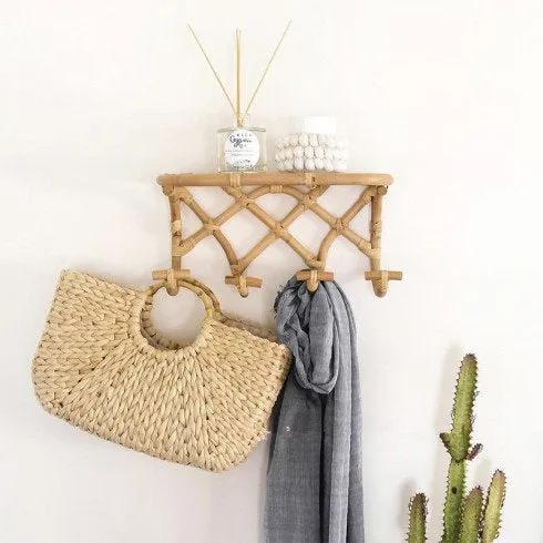 Rattan Hanging Wall Hooks Shelf -  Coat Rack Bathroom Towel Hanger Bedroom - Boho Hat Kids Clothes Entryway Organiser - Kids Room Home Decor