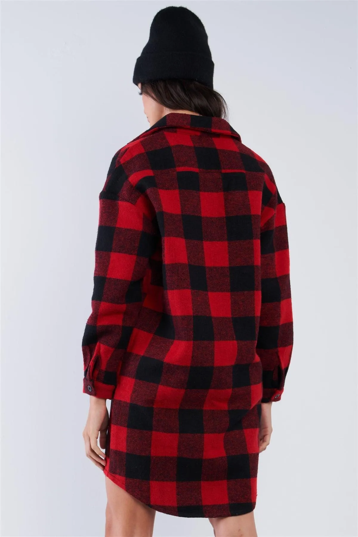 Red & Black Cotton Plaid Print Relaxed Fit Long Sleeve Thick Warm Button Down Sweater Dress With Pockets /2-2-1