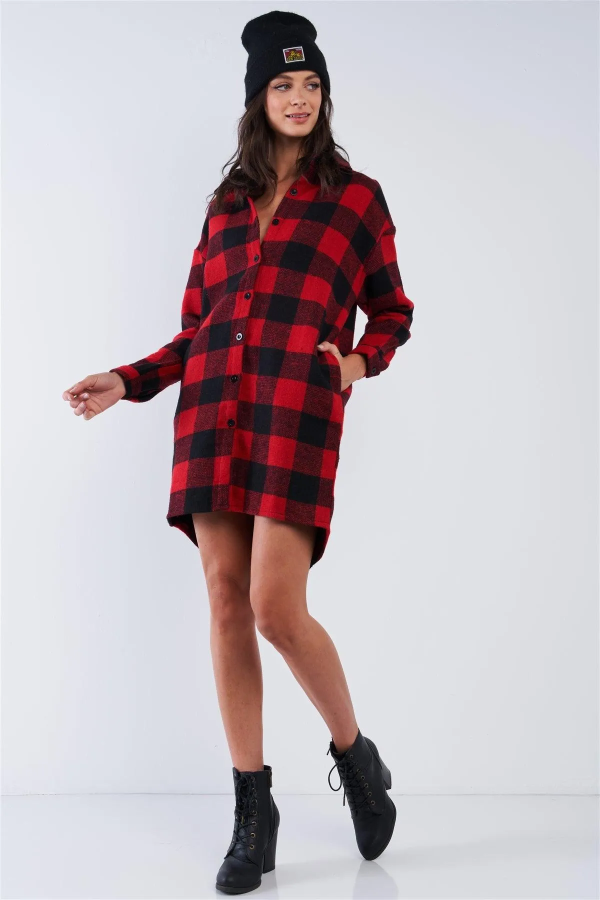 Red & Black Cotton Plaid Print Relaxed Fit Long Sleeve Thick Warm Button Down Sweater Dress With Pockets /2-2-1