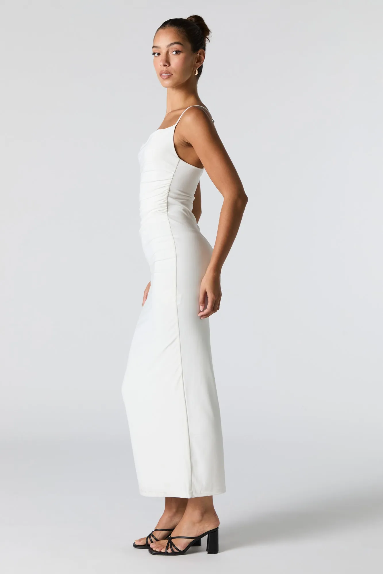 Ruched Cowl Neck Slit Back Maxi Dress