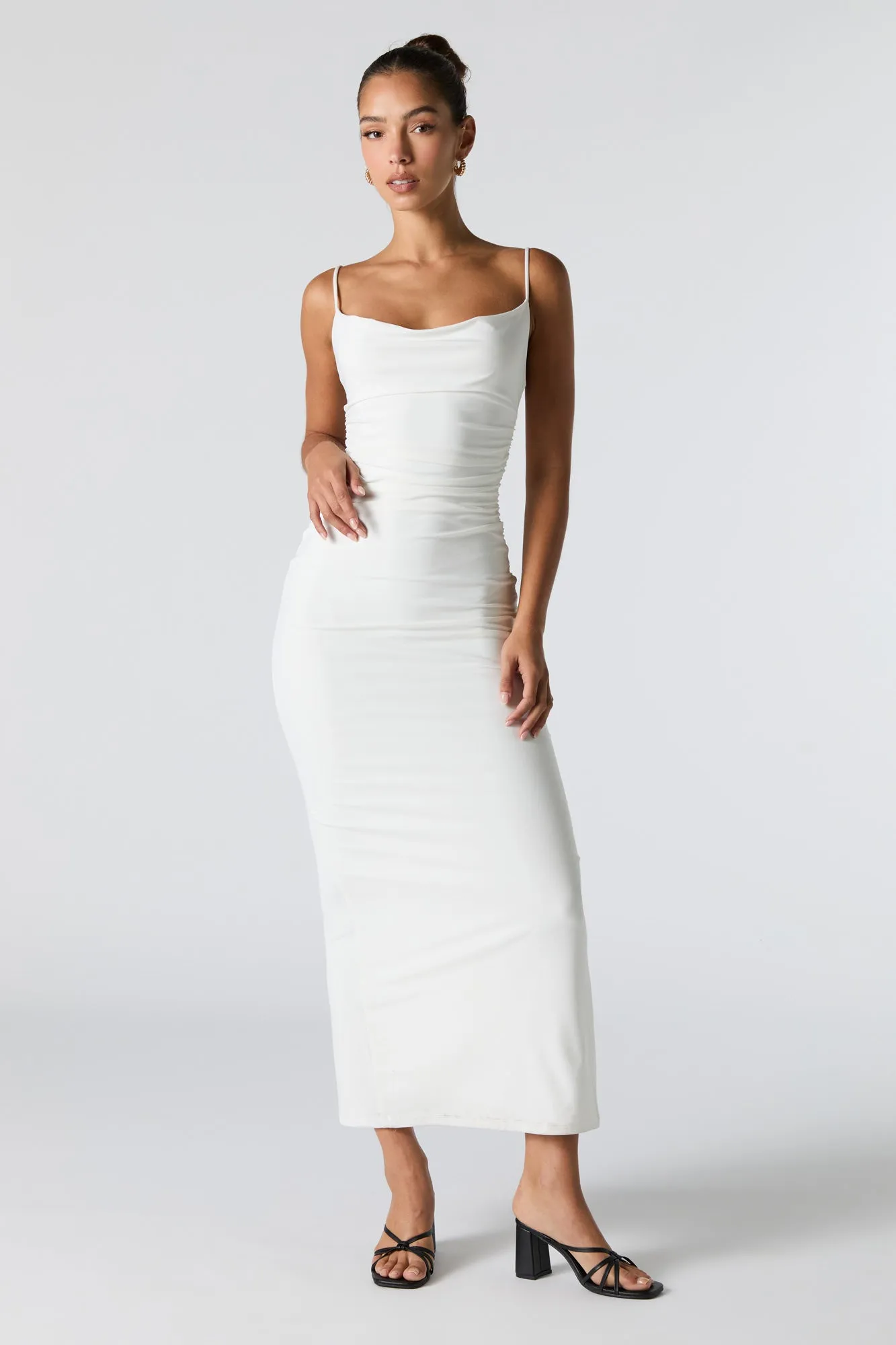 Ruched Cowl Neck Slit Back Maxi Dress