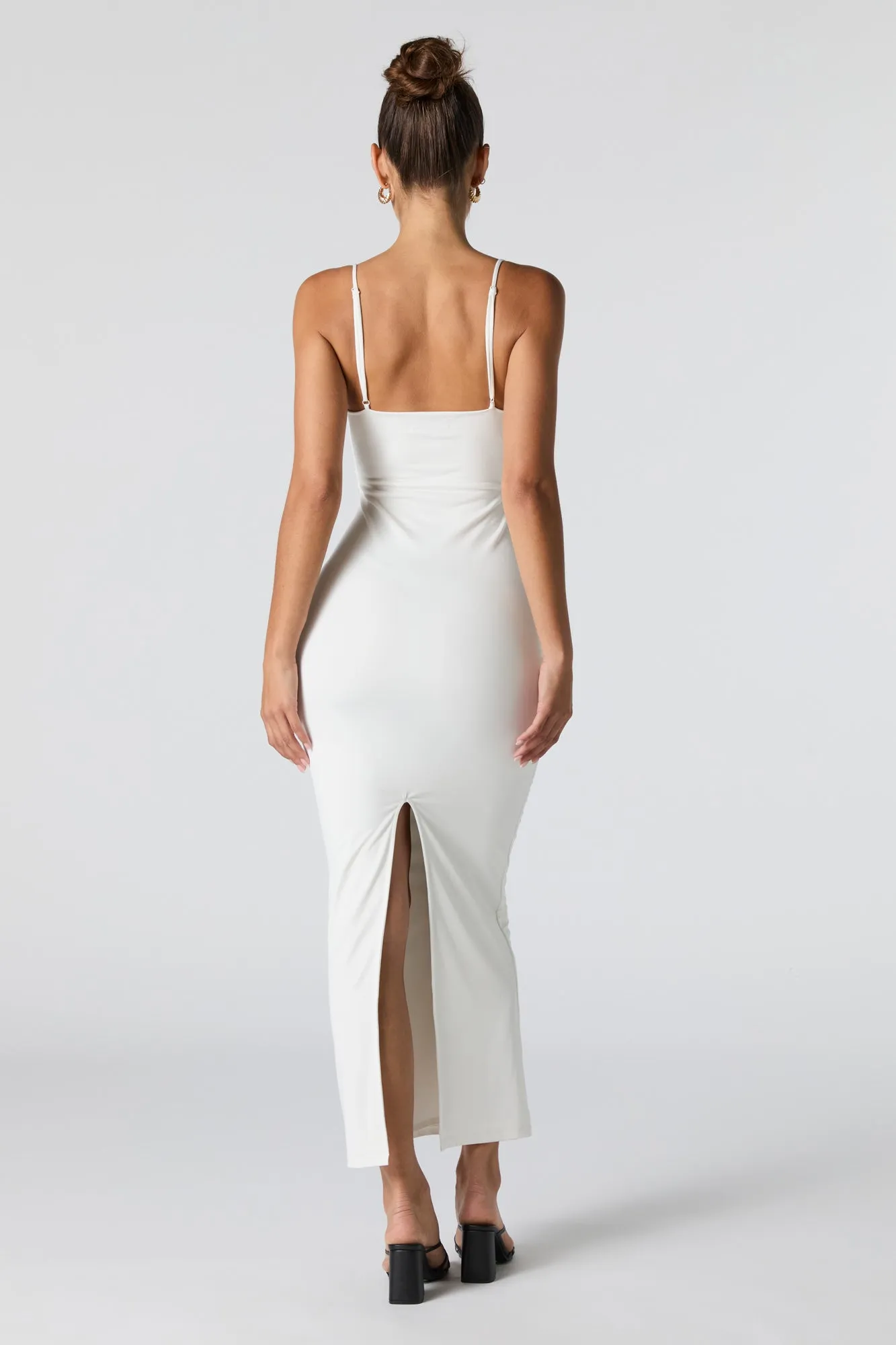 Ruched Cowl Neck Slit Back Maxi Dress