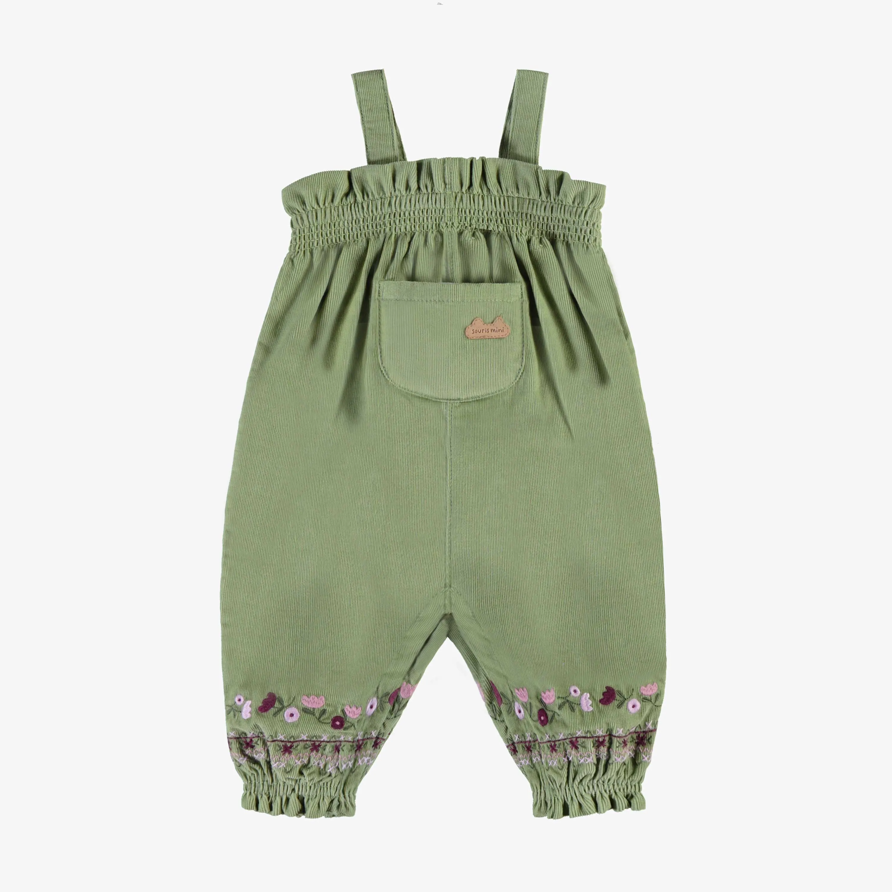 Salopette vert olive avec broderies, naissance || Olive green overalls with embroidery, newborn