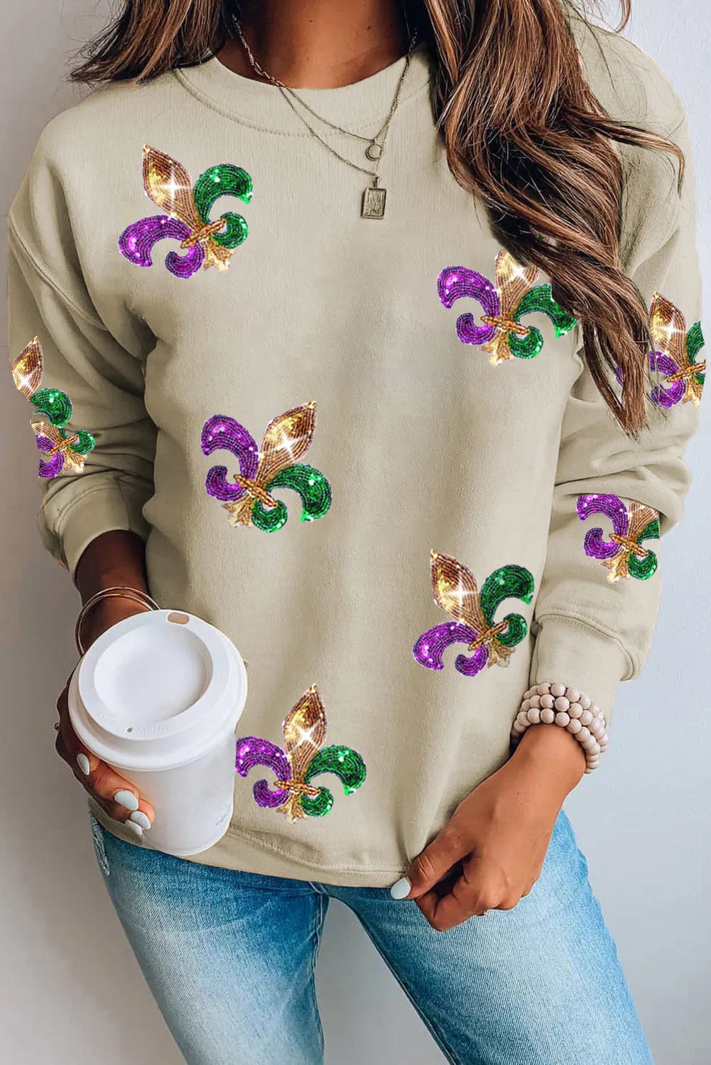 Sequin Mardi Gras Graphic Pullover Sweatshirt