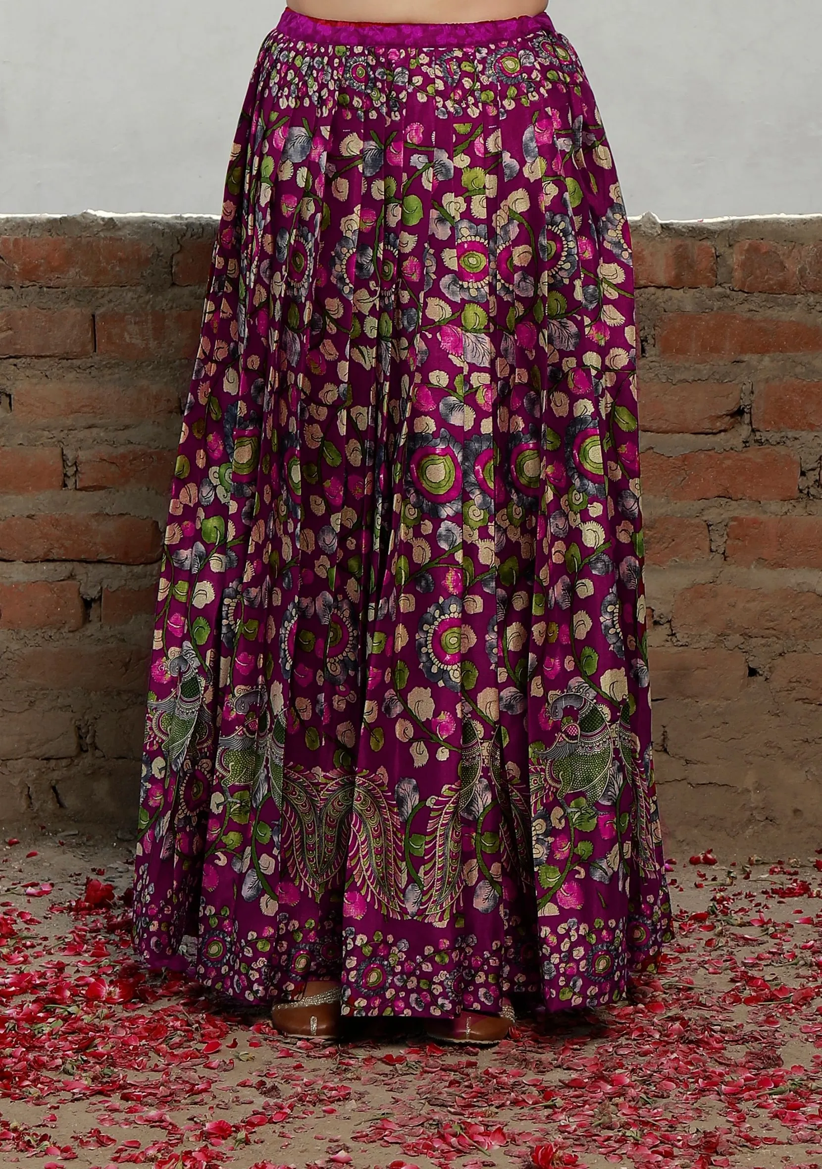 Set Of 3: Plum Kalamkari Printed Cotton Silk High Neck Crop Blouse With Printed Cotton Silk  Long Skirt & Georgette Dupatta.