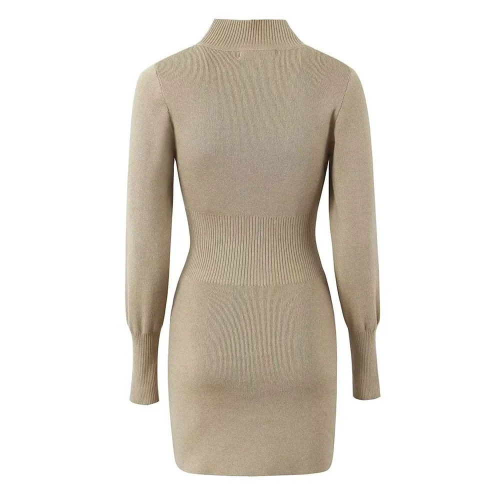 Sexy Ribbed Knit High Neck Long Sleeve Split Bodycon Sweater Mini Dress