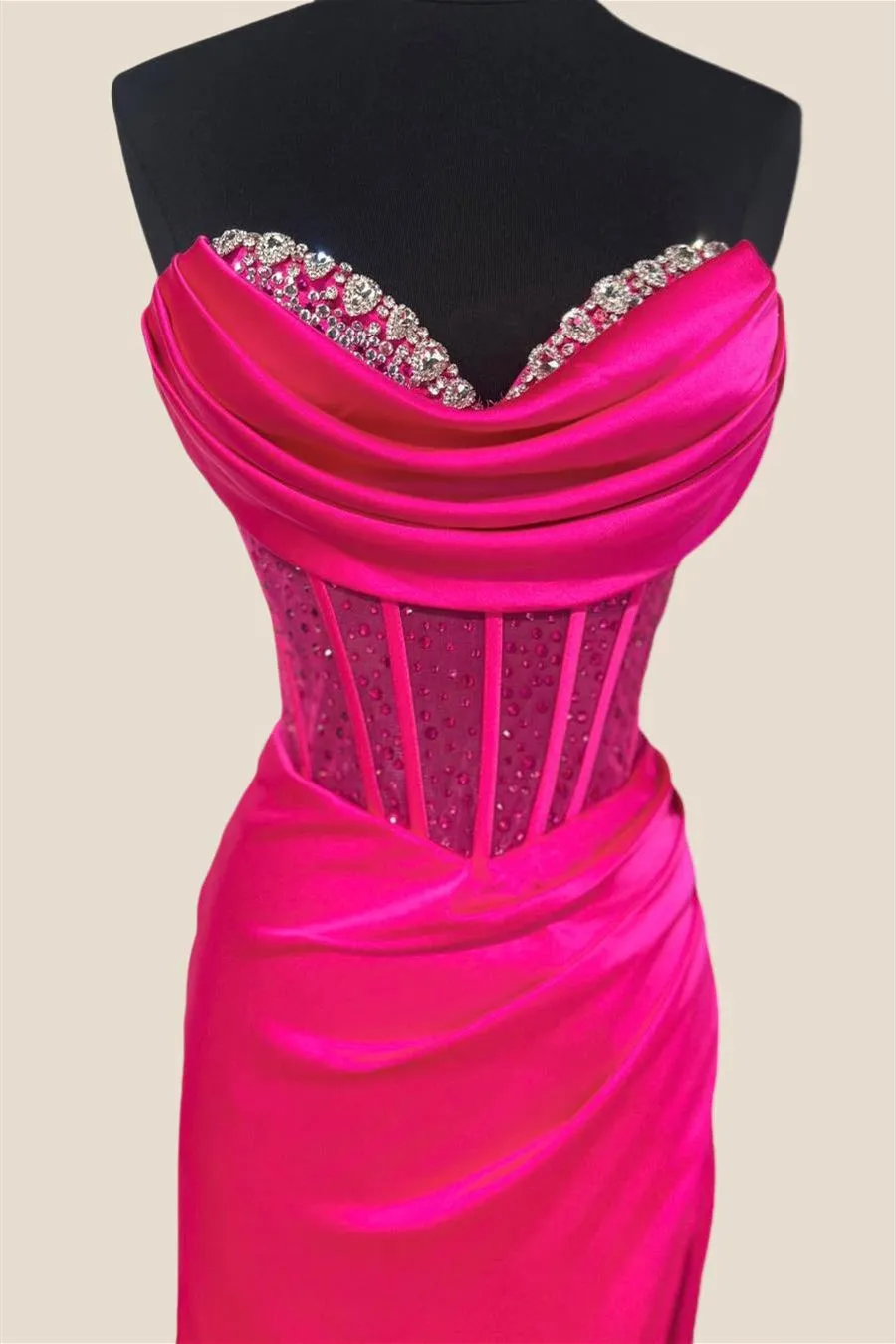 Strapless Fuchsia Beaded Long Dress with Slit