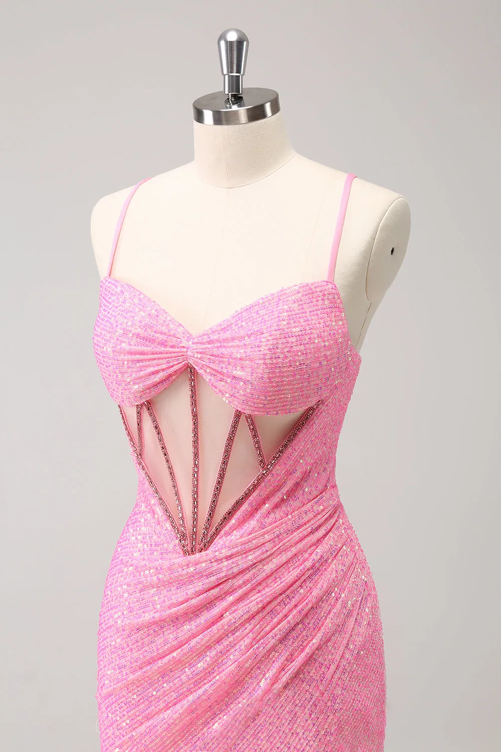 Stylish Sparkly Unique Pink Tight Sequin Corset Homecoming Dress with Lace Up Back