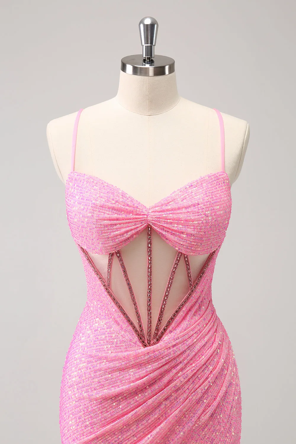 Stylish Sparkly Unique Pink Tight Sequin Corset Homecoming Dress with Lace Up Back