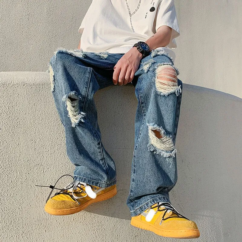 Summer Men's Y2K Fashion Denim Pants Destroyed Ripped Design Straight Baggy Jeans For Men High Street Hip Hop Casual Biker Jeans