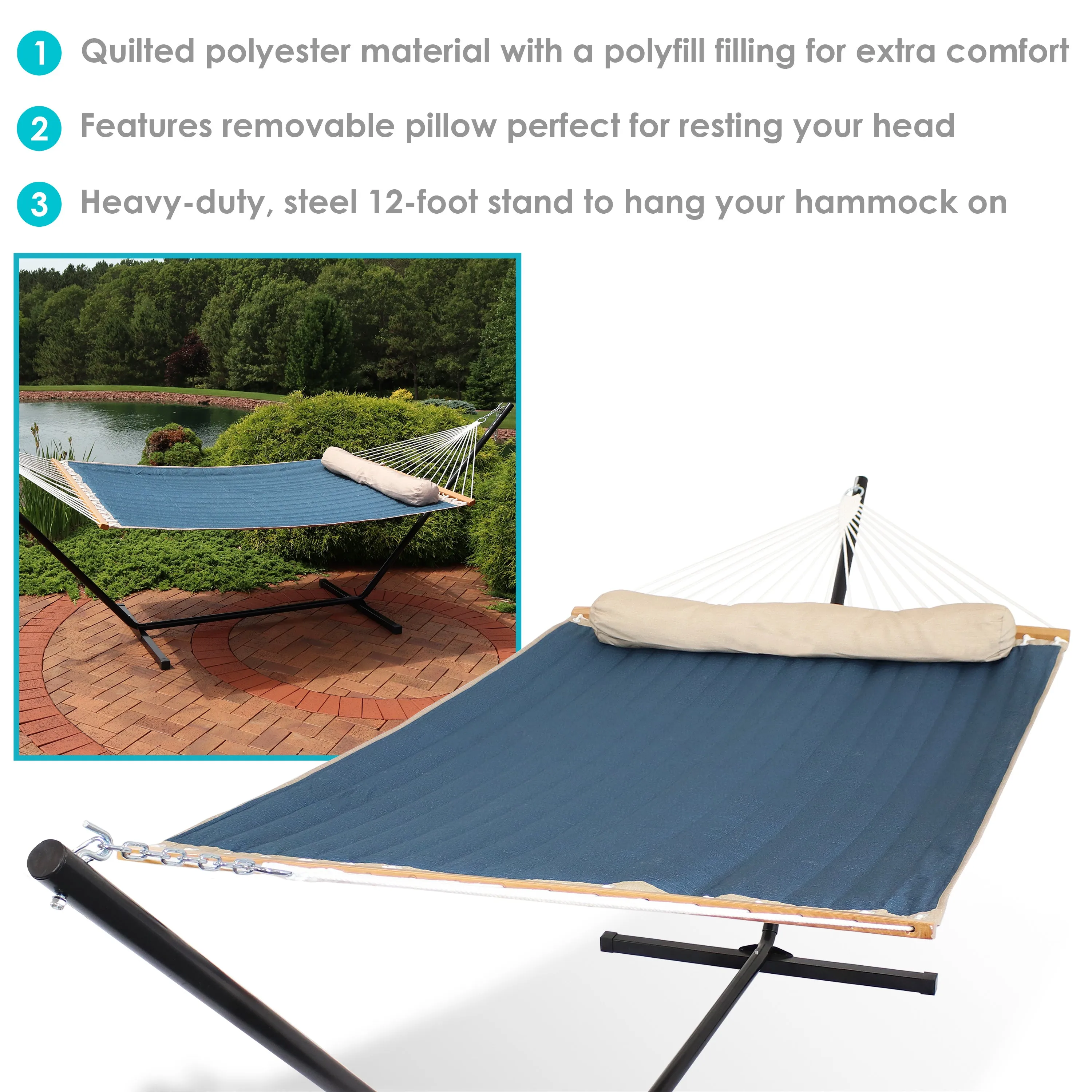 Sunnydaze 2-Person Quilted Hammock with Pillow and Stand - Tidal Wave