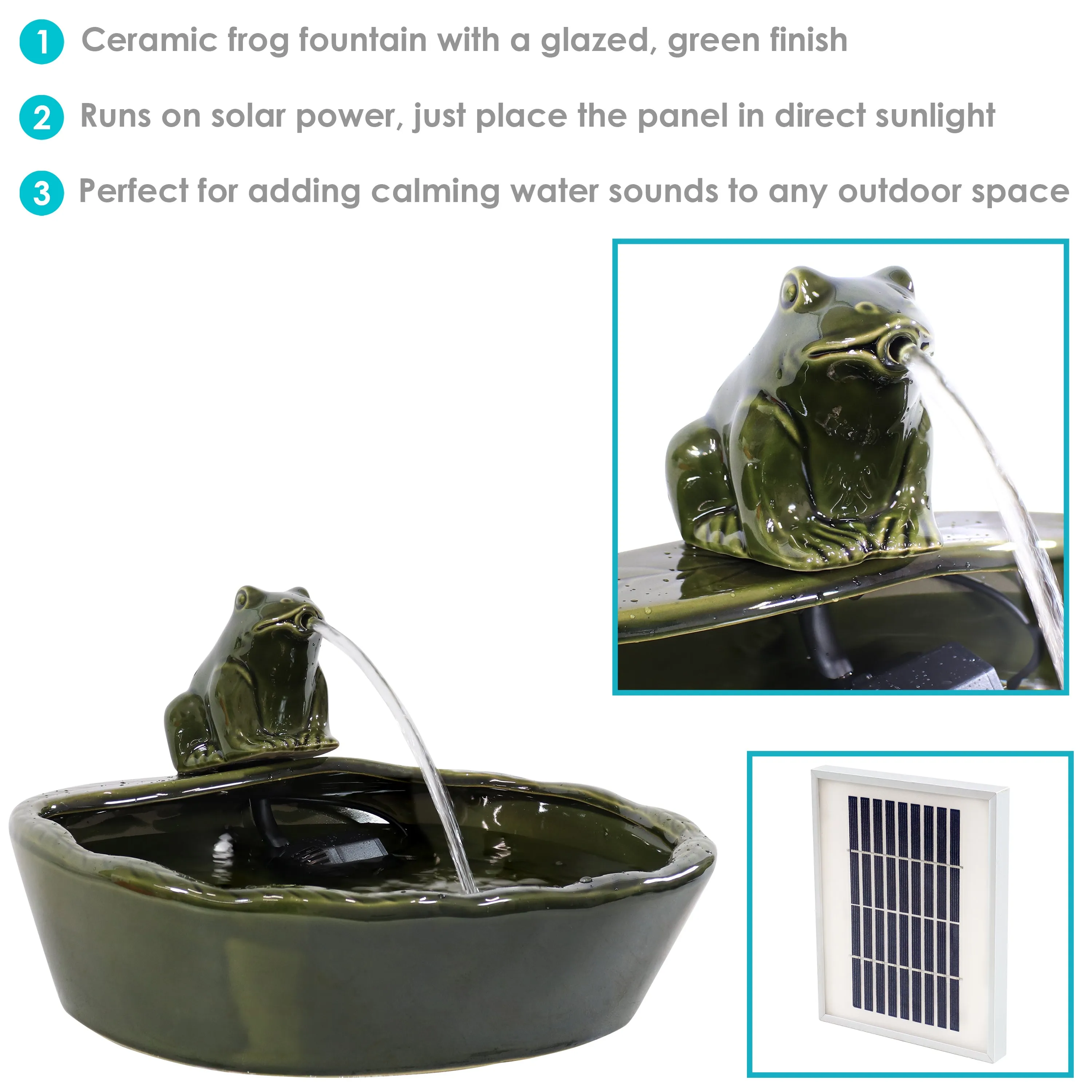 Sunnydaze Ceramic Frog Solar Fountain with Solar Pump and Panel - 7"