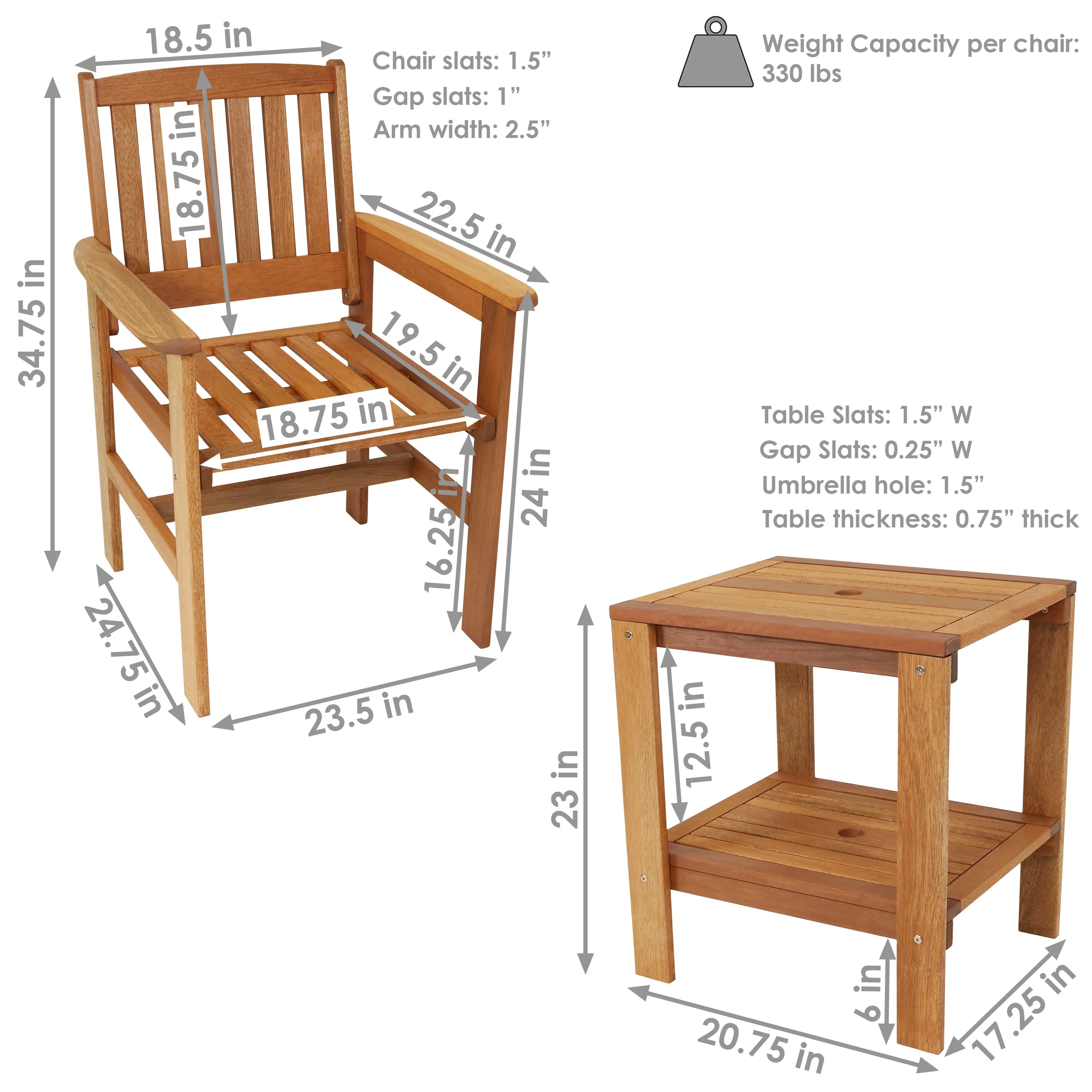 Sunnydaze Meranti Wood 3-Piece Outdoor Patio Conversation Set