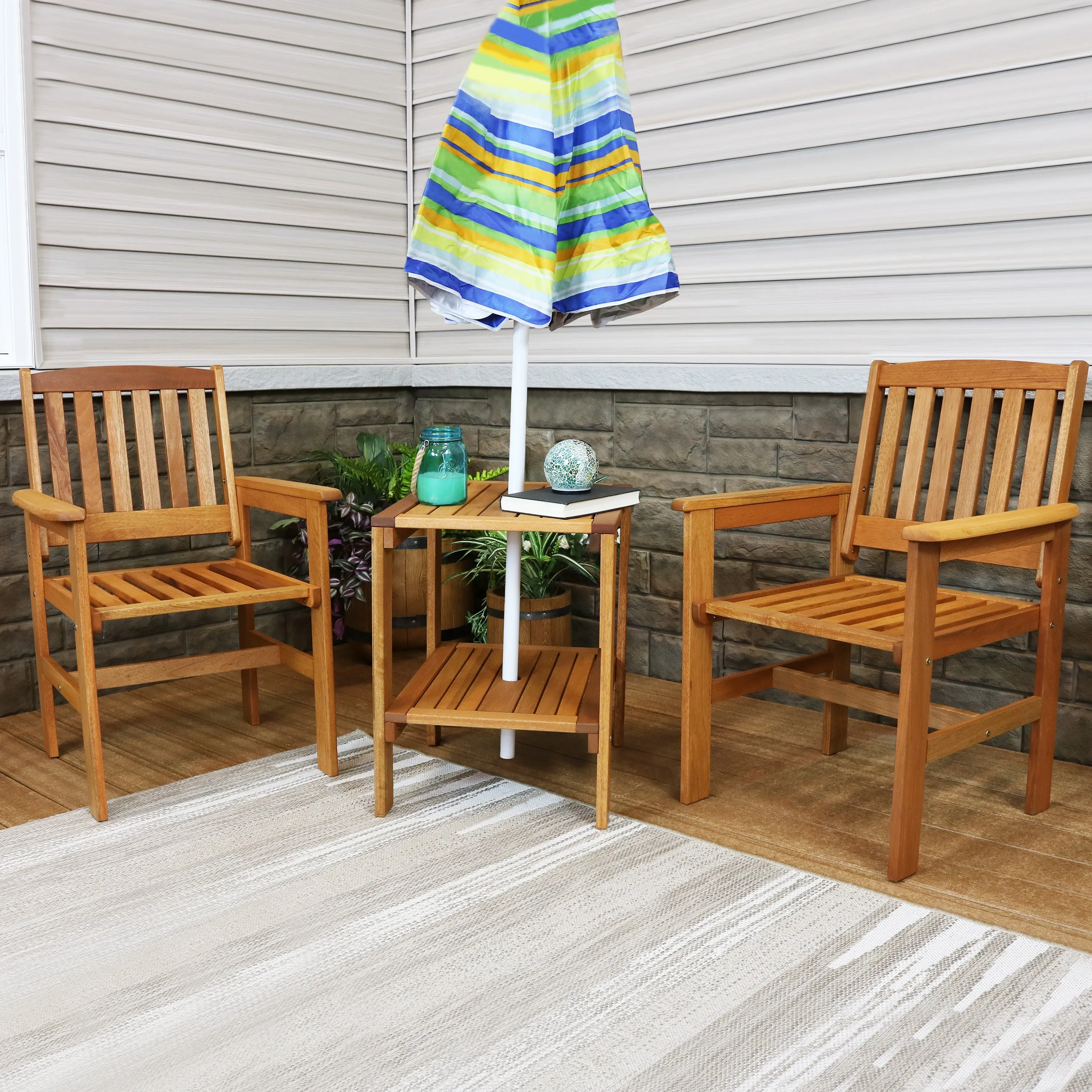 Sunnydaze Meranti Wood 3-Piece Outdoor Patio Conversation Set