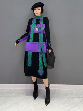 Sweater high collar knitted black purp dress