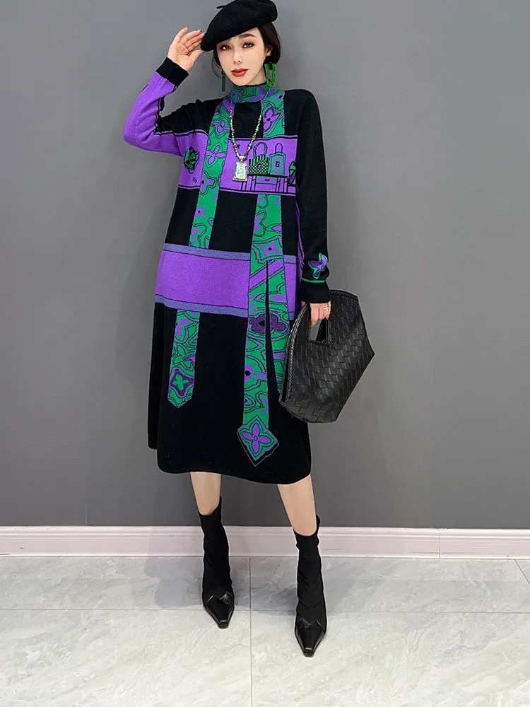 Sweater high collar knitted black purp dress