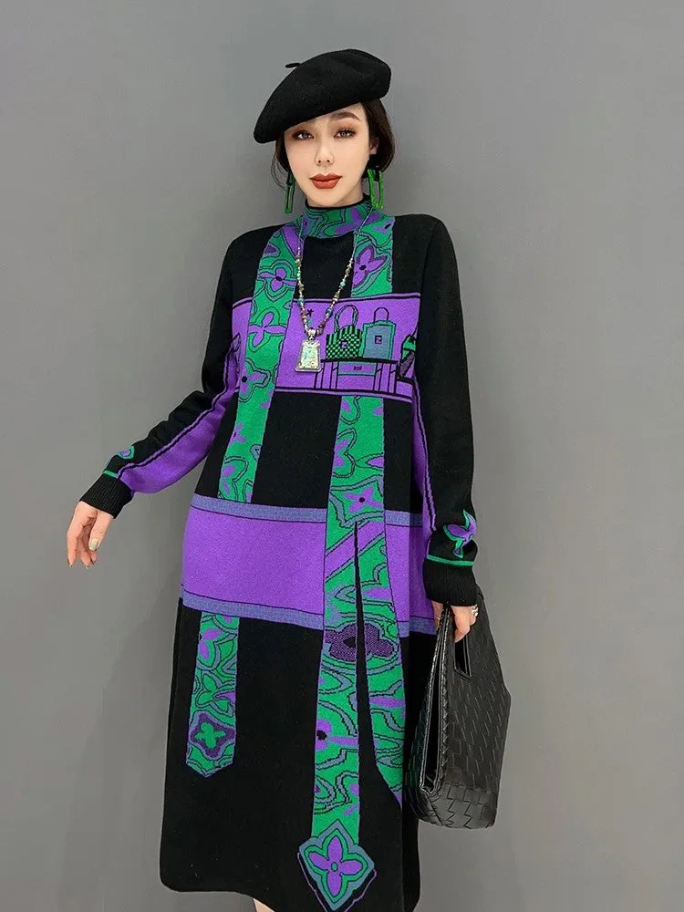 Sweater high collar knitted black purp dress