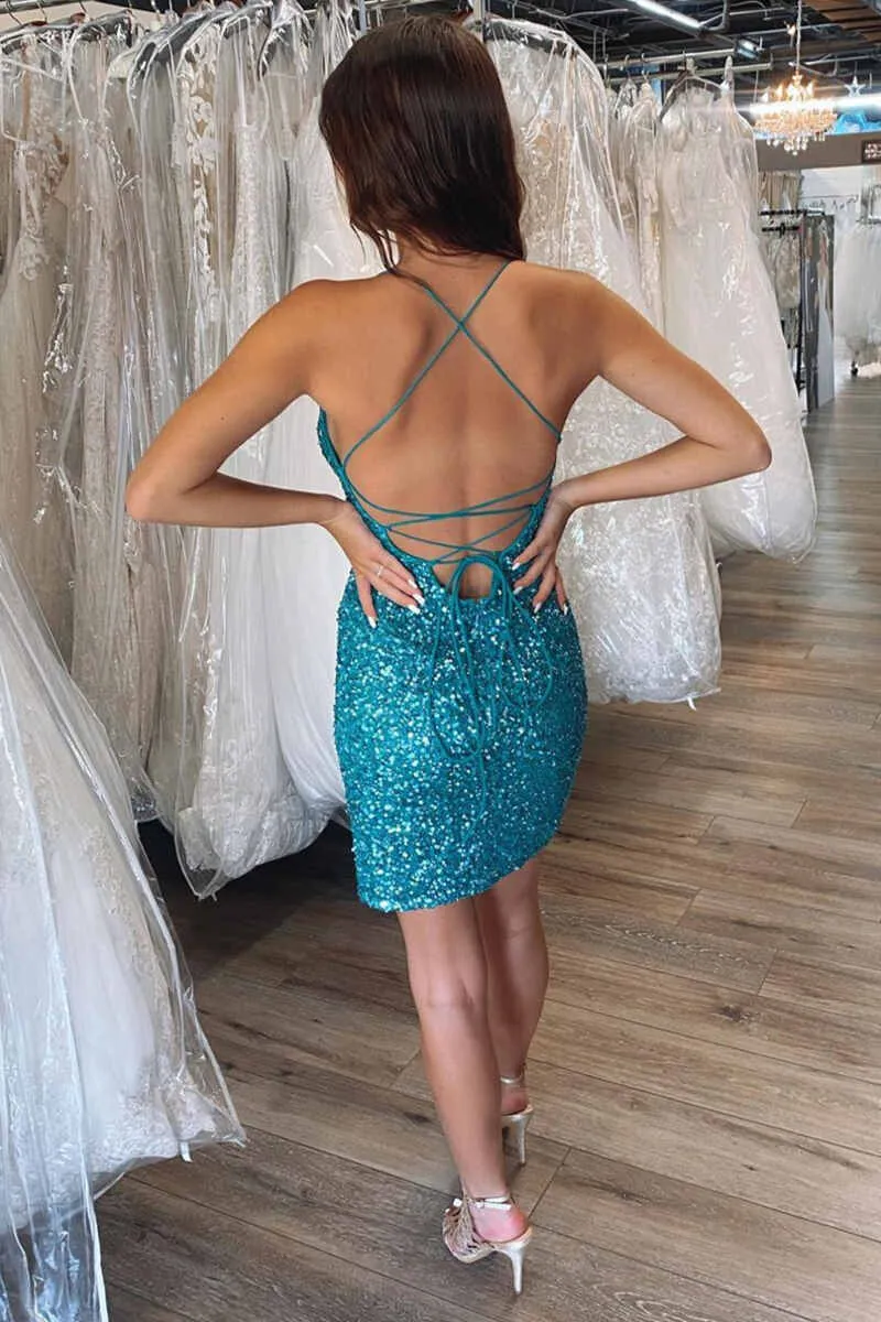 Teal Blue Sequins V-Neck Short Homecoming Dress       fg917