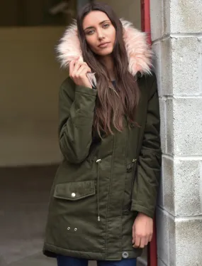 Teegan Parka Jacket in Khaki with Detachable Peachy Keen Fur Hood - Tokyo Laundry