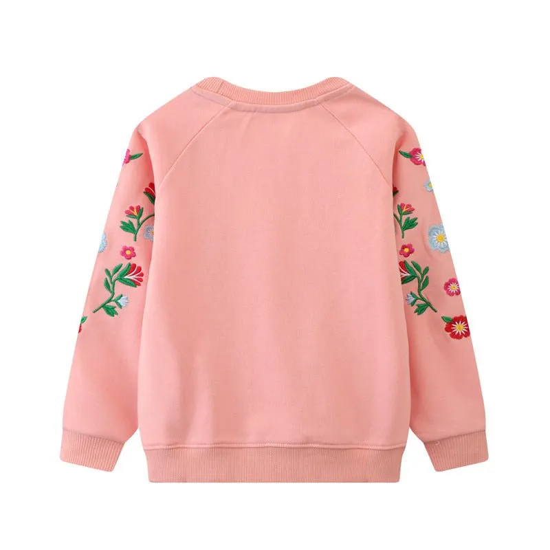 Toddler/Kid Girl's Floral Embroidery Long Sleeve Pink Sweatshirt