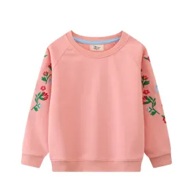 Toddler/Kid Girl's Floral Embroidery Long Sleeve Pink Sweatshirt